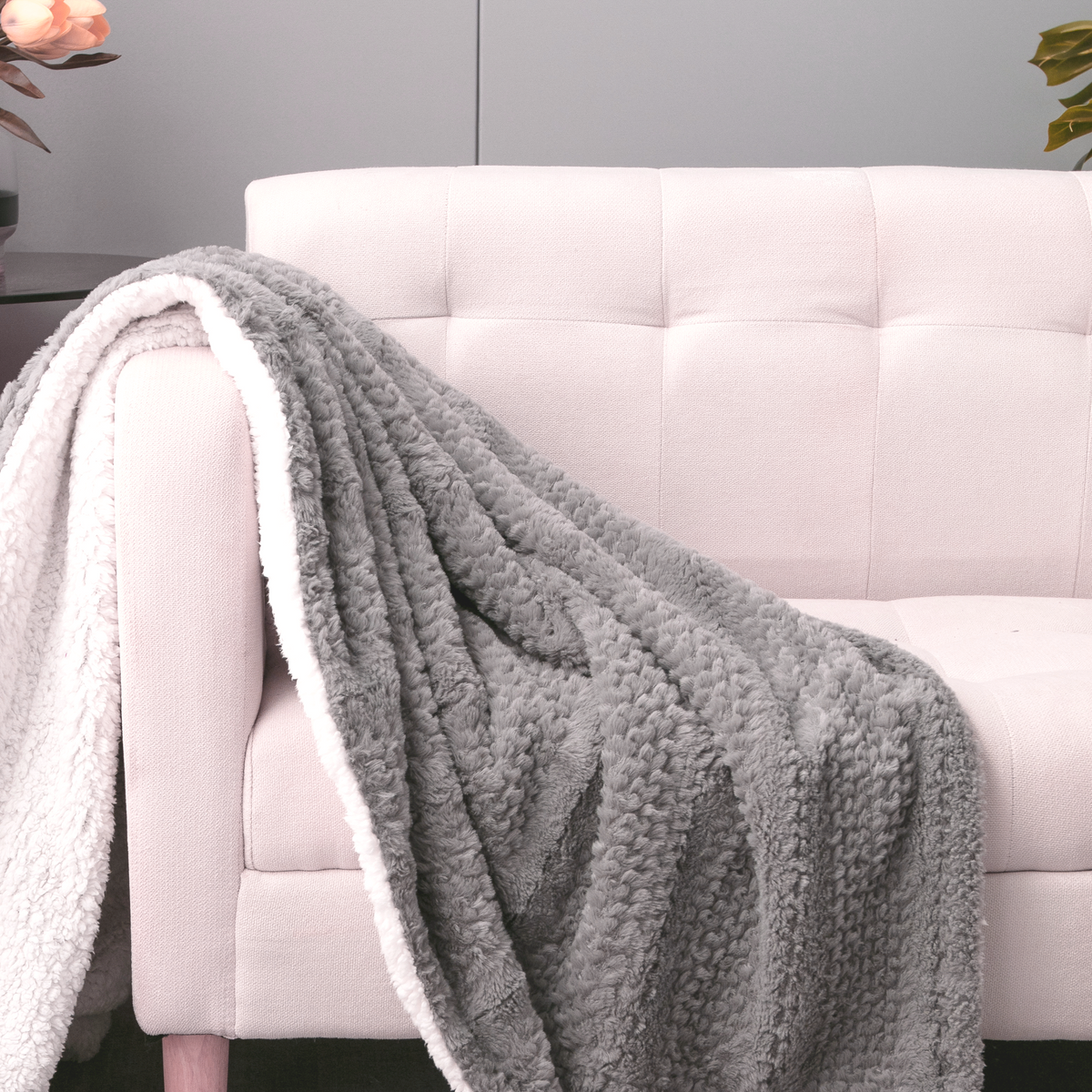 Dark Grey Faux Fur Bubble Textured Striped Throw Blanket