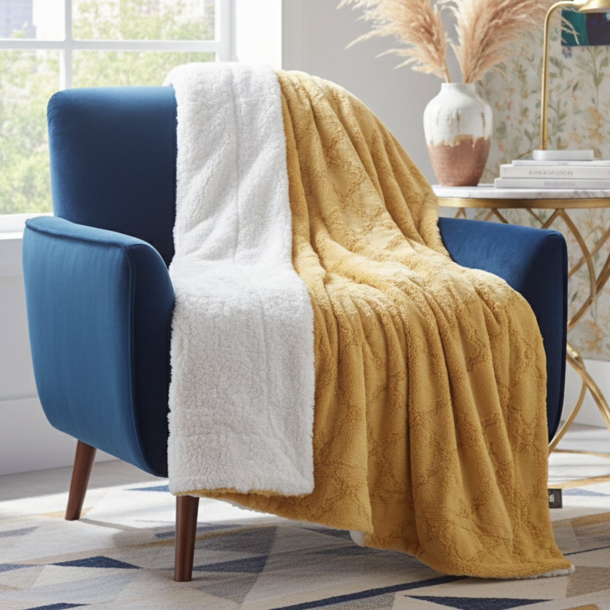 Mustard Yellow Faux Fur Moroccan Lattice Throw Blanket