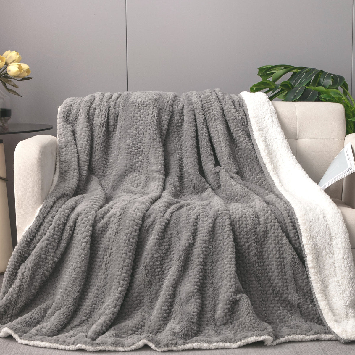 Dark Grey Faux Fur Bubble Textured Striped Throw Blanket