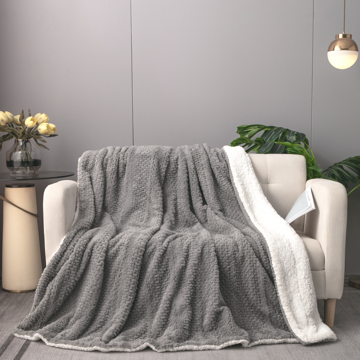 Dark Grey Faux Fur Bubble Textured Striped Throw Blanket
