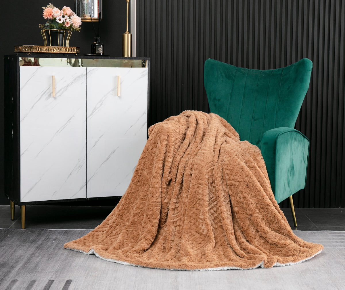 Caramel Brown Faux Fur Chevron Geometric Throw Blanket