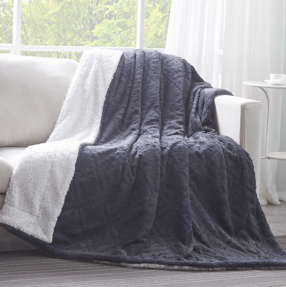 Steel Navy Blue Faux Fur Diamond Trellis Throw Blanket