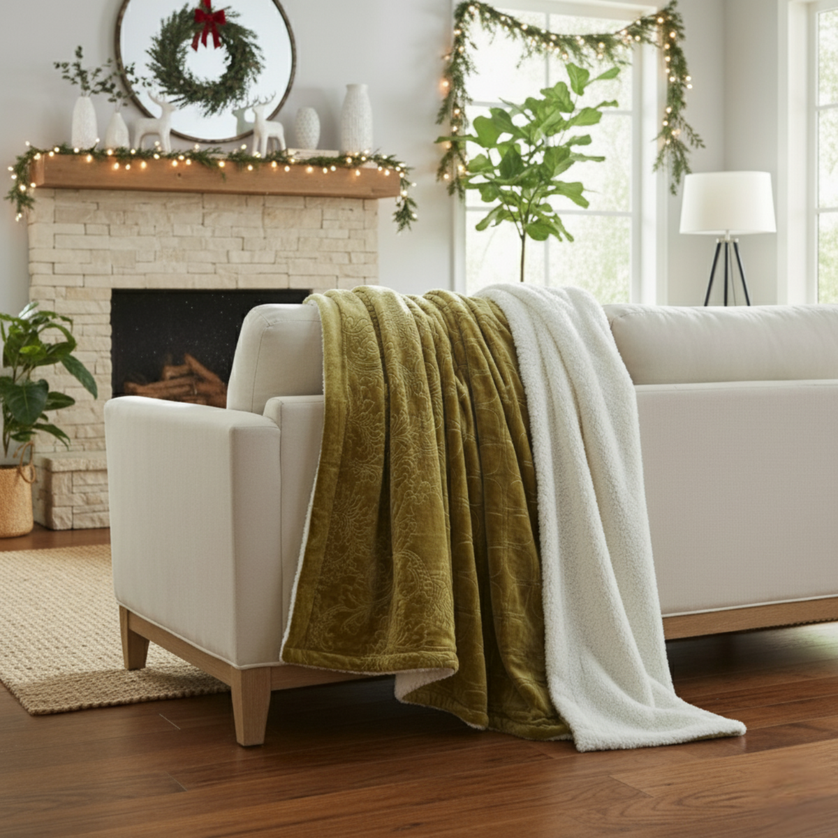 Green Olive Chartreuse Sherpa Embossed Throw Blanket
