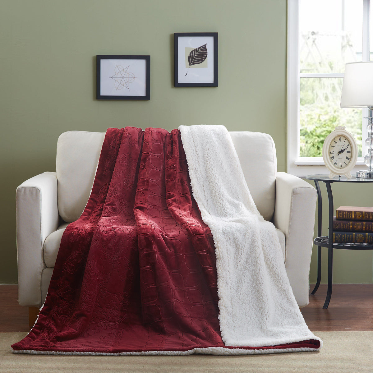 Merlot Red Reversible Sherpa Embossed Throw Blanket