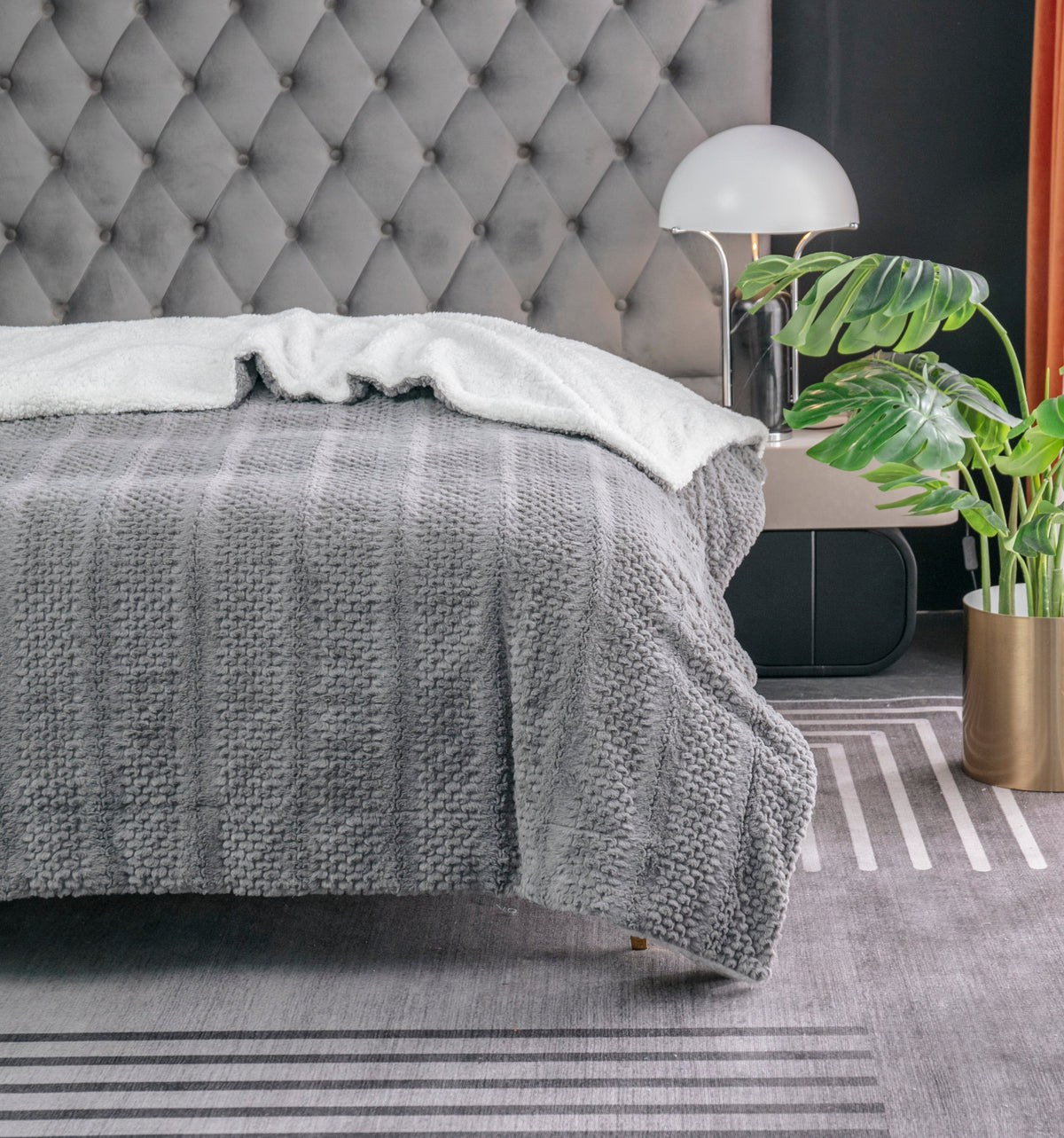 Dark Grey Faux Fur Bubble Textured Striped Throw Blanket