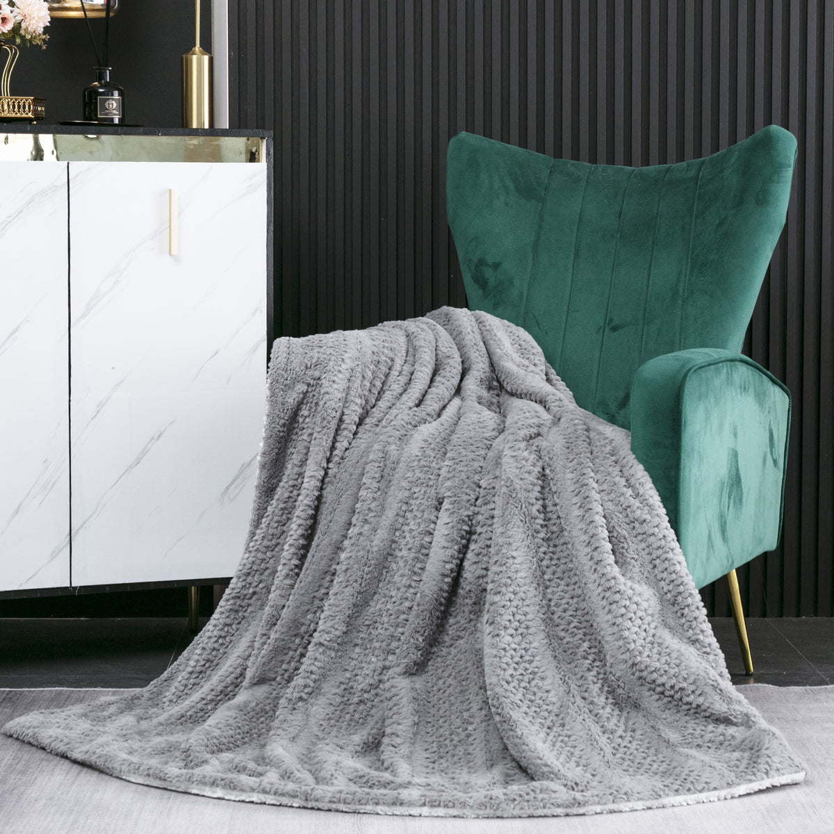 Dark Grey Faux Fur Bubble Textured Striped Throw Blanket