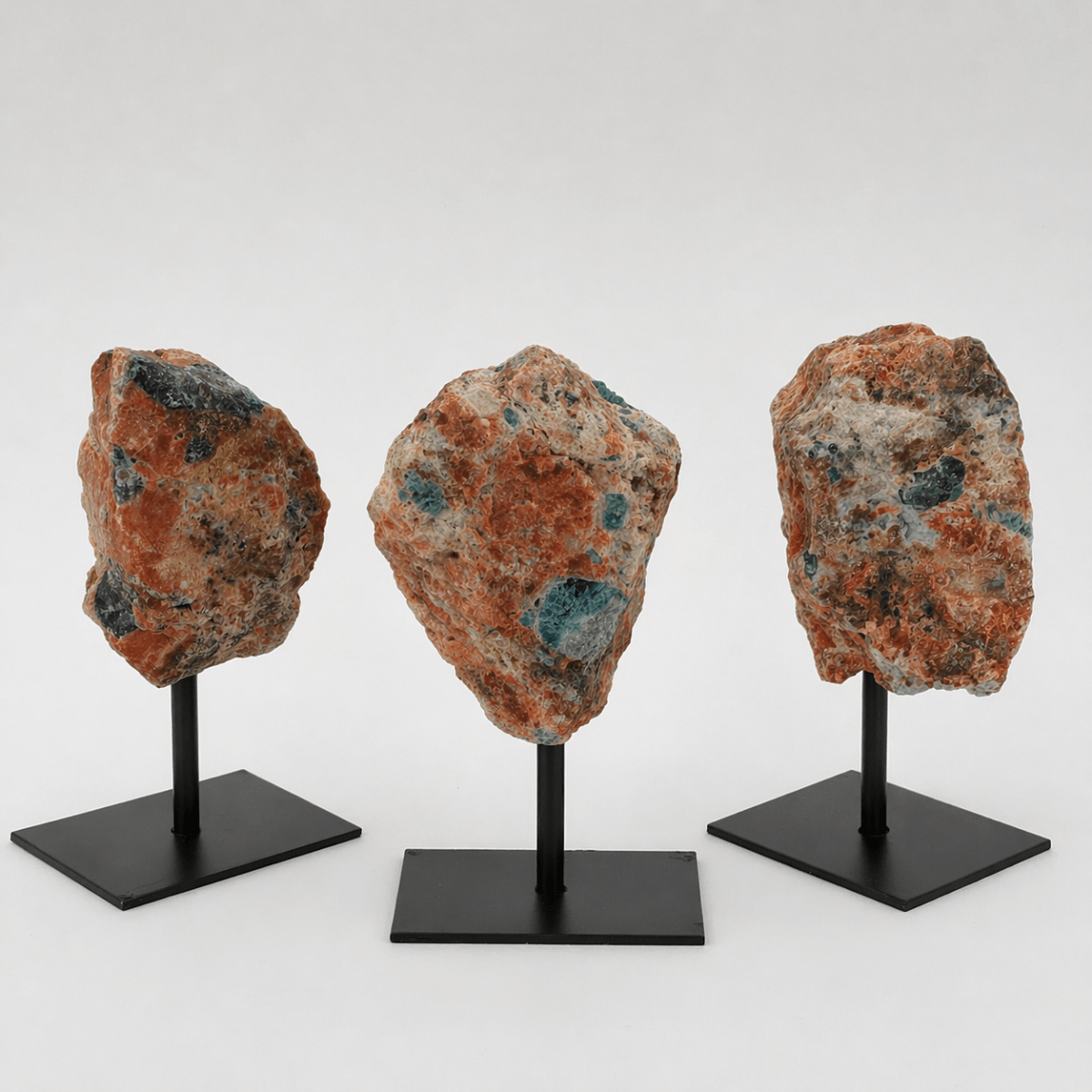 3 Rough Apatite on Calcite Matrix on Metal Stand
