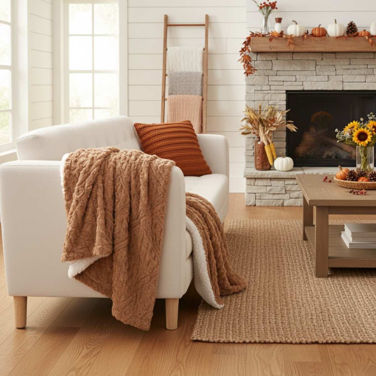 Caramel Brown Faux Fur Chevron Geometric Throw Blanket