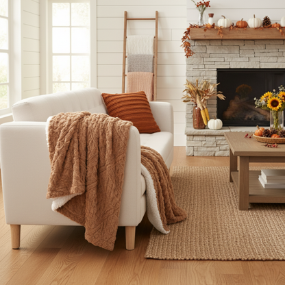 Caramel Brown Faux Fur Chevron Geometric Throw Blanket