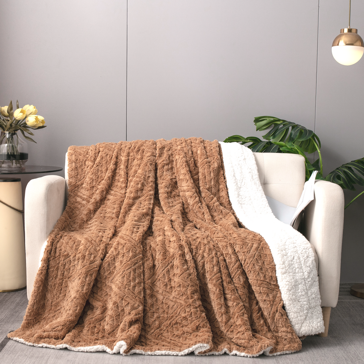 Caramel Brown Faux Fur Chevron Geometric Throw Blanket