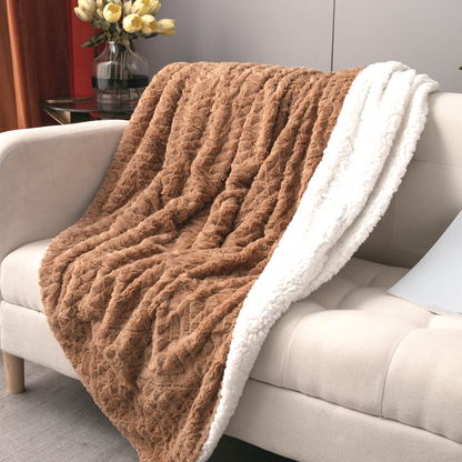 Caramel Brown Faux Fur Chevron Geometric Throw Blanket