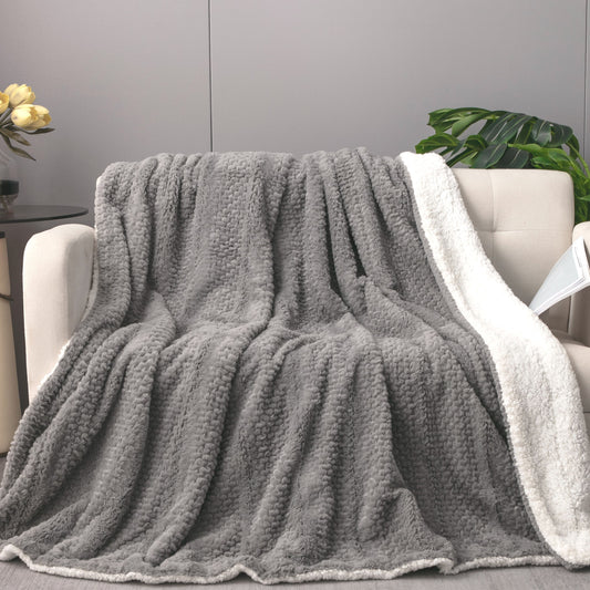 Dark Grey Faux Fur Bubble Textured Striped Throw Blanket