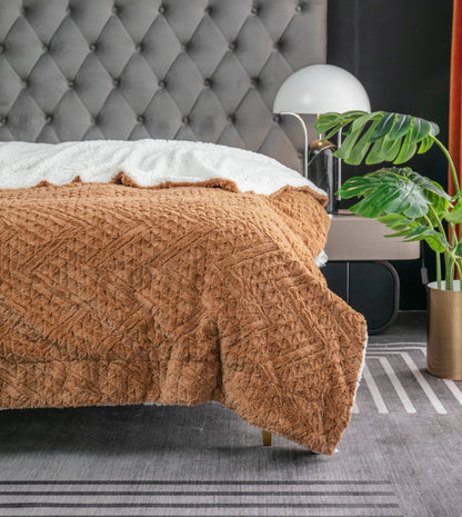Caramel Brown Faux Fur Chevron Geometric Throw Blanket