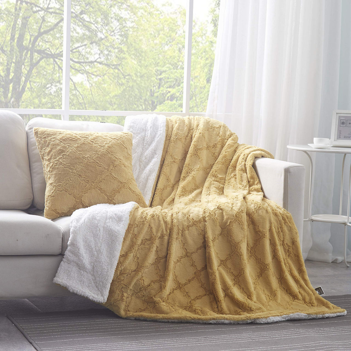 Mustard Yellow Faux Fur Moroccan Lattice Throw Blanket
