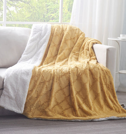 Mustard Yellow Faux Fur Moroccan Lattice Throw Blanket