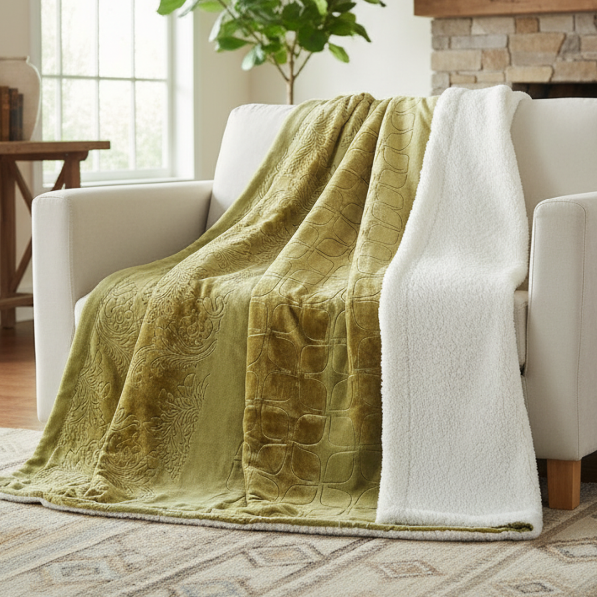 Green Olive Chartreuse Sherpa Embossed Throw Blanket