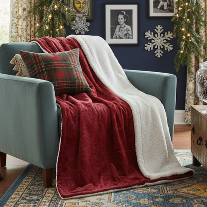 Merlot Red Reversible Sherpa Embossed Throw Blanket