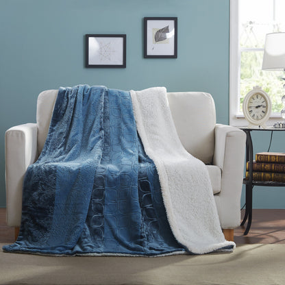 Grey Blue Sherpa Embossed Throw Blanket