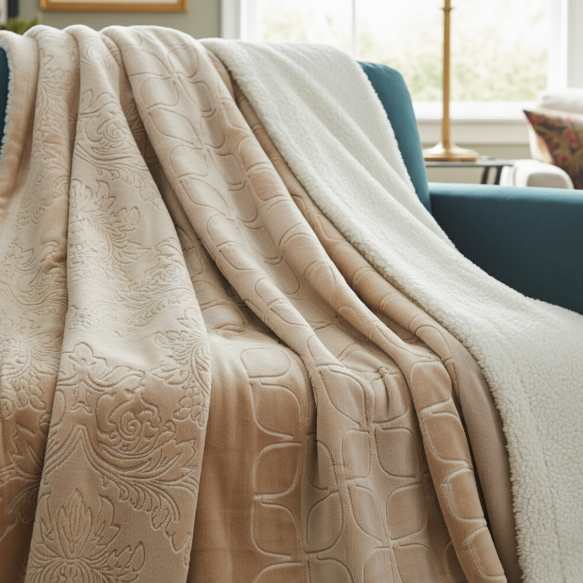 Champagne Beige Sherpa Bubbly Embossed Throw Blanket