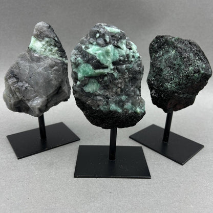 Raw Emerald Specimen on Metal Stand — Rare Crystal Display