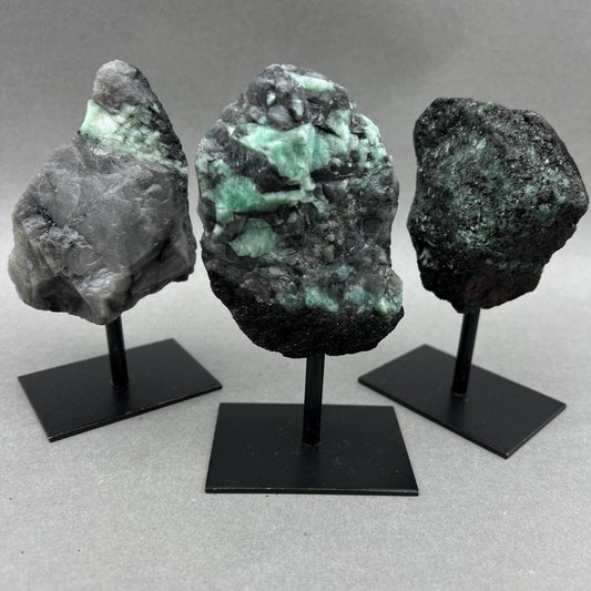Raw Emerald Specimen on Metal Stand — Rare Crystal Display