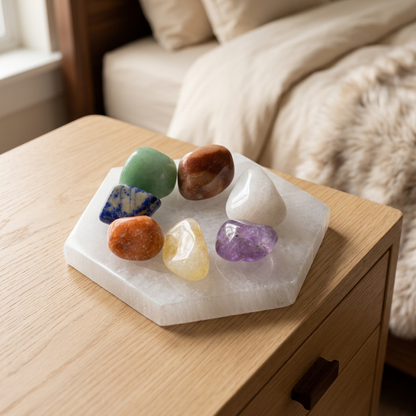 Seven colorful tumbled gemstones on a white selenite hexagon plate, styled on a wooden bedside table beside cream bedding