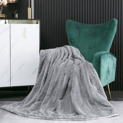 Dark Grey Faux Fur Bubble Textured Striped Throw Blanket