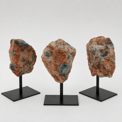3 Rough Apatite on Calcite Matrix on Metal Stand