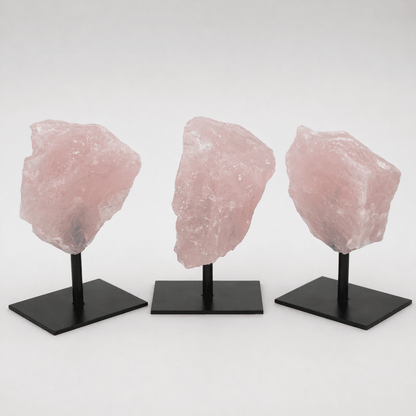 Raw Rose Quartz Crystal on Metal Stand — Natural Home Décor