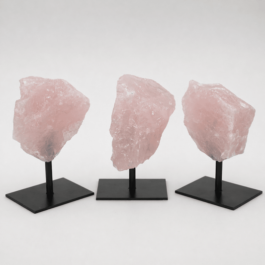 Raw Rose Quartz Crystal on Metal Stand — Natural Home Décor